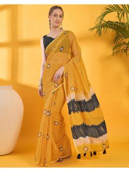 SATRANI - Mustard Printed Linen Saree with Unstitched Blouse