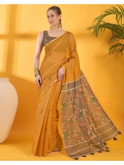 SATRANI - Mustard Printed Linen Saree with Unstitched Blouse