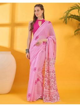SATRANI - Pink Printed Linen Saree with Unstitched Blouse