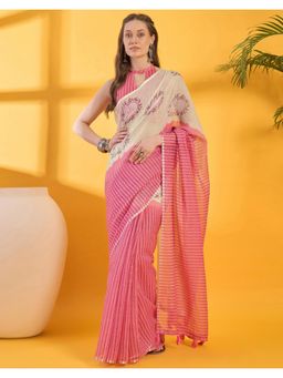 SATRANI - Pink Printed Linen Saree with Unstitched Blouse