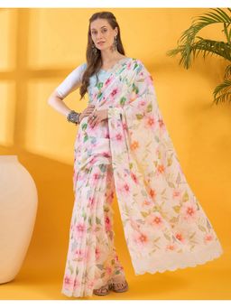 SATRANI - Off White Printed Linen Saree with Unstitched Blouse