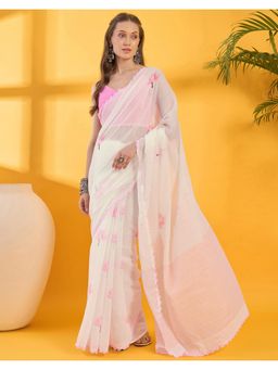 SATRANI - White Printed Linen Saree with Unstitched Blouse