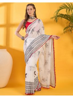 SATRANI - White Printed Linen Saree with Unstitched Blouse