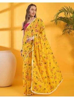 SATRANI - Yellow Printed Linen Saree with Unstitched Blouse