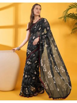 SATRANI - Black Printed Cotton Chanderi Saree with Unstitched Blouse