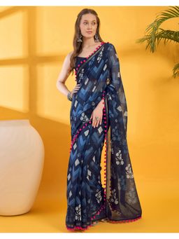 SATRANI - Navy Blue Printed Cotton Chanderi Saree with Unstitched Blouse