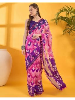SATRANI - Purple Printed Cotton Chanderi Saree with Unstitched Blouse