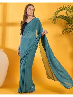 SATRANI - Teal Mirror Work Georgette Saree with Unstitched Blouse