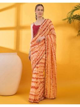 SATRANI - Orange Printed Chiffon Saree with Unstitched Blouse