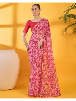 SATRANI - Red Printed Chiffon Saree with Unstitched Blouse