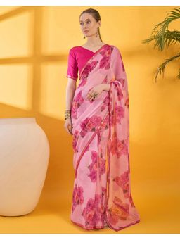 SATRANI - Pink Floral Printed Chiffon Saree with Unstitched Blouse