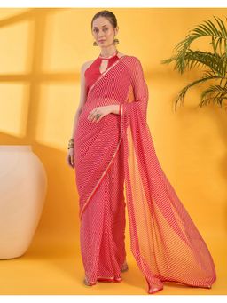 SATRANI - Red Stripe Printed Chiffon Saree with Unstitched Blouse