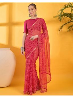 SATRANI - Red Bandhani Printed Chiffon Saree with Unstitched Blouse