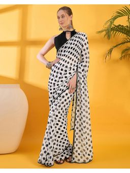 SATRANI - White Printed Chiffon Saree with Unstitched Blouse