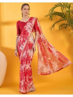 SATRANI - Red Printed Chiffon Saree with Unstitched Blouse