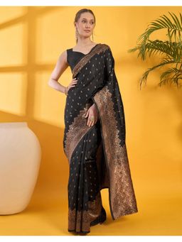 SATRANI - Black Woven Silk Saree with Unstitched Blouse