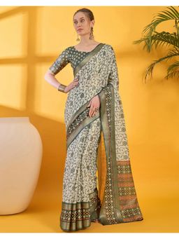 SATRANI - Beige Printed Silk Saree with Unstitched Blouse