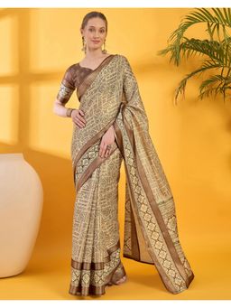 SATRANI - Beige Printed Silk Saree with Unstitched Blouse