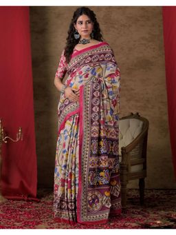 SATRANI - Beige Printed Cotton Saree with Unstitched Blouse