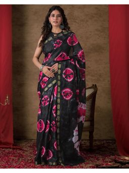 SATRANI - Black Printed Cotton Saree with Unstitched Blouse