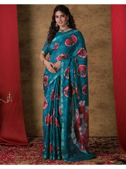 SATRANI - Teal Printed Cotton Saree with Unstitched Blouse