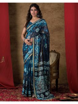 SATRANI - Blue Printed Cotton Saree with Unstitched Blouse