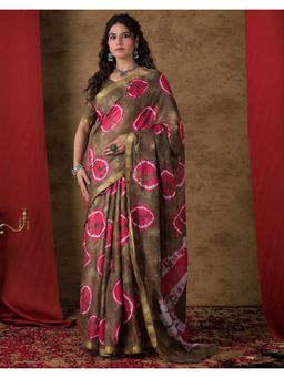 SATRANI - Olive Printed Cotton Saree with Unstitched Blouse