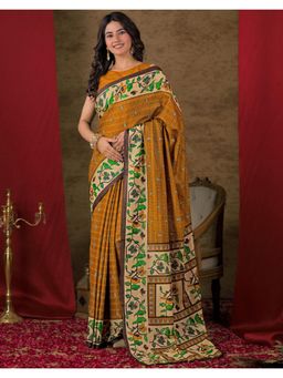 SATRANI - Mustard Printed Cotton Saree with Unstitched Blouse