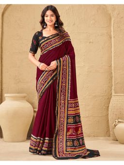 SATRANI - Maroon Printed Zari Border Chanderi Saree with Unstitched Blouse
