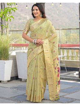 SATRANI - Green Woven Tassels Chanderi Saree with Unstitched Blouse