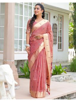 SATRANI - Peach Woven Tassels Chanderi Saree with Unstitched Blouse