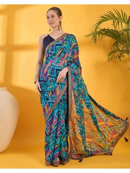 SATRANI - Teal Printed and Tassels Georgette Saree with Unstitched Blouse