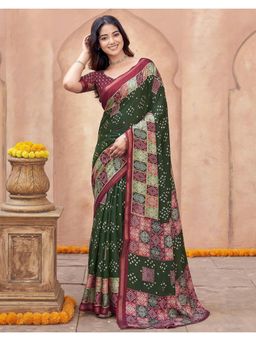 SATRANI - Olive Bandhani Printed Silk Saree with Unstitched Blouse