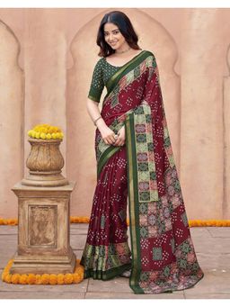 SATRANI - Maroon Bandhani Printed Silk Saree with Unstitched Blouse
