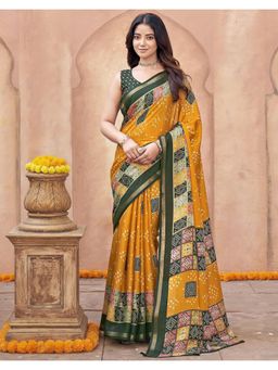 SATRANI - Mustard Yellow Bandhani Printed Silk Saree with Unstitched Blouse