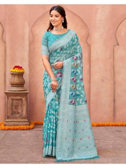SATRANI - Turquoise Weaving,Tassels Chanderi Saree with Unstitched Blouse