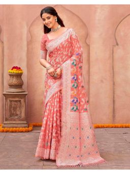 SATRANI - Coral Pink Weaving,Tassels Chanderi Saree with Unstitched Blouse