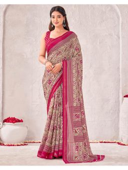 SATRANI - Beige Printed with Zari Border Silk Saree with Unstitched Blouse