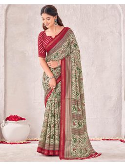 SATRANI - Beige Printed with Zari Border Silk Saree with Unstitched Blouse