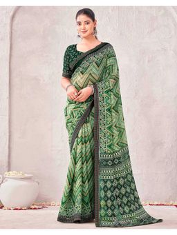 SATRANI - Green Printed Saree with Unstitched Blouse