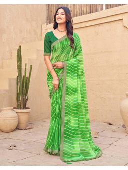 SATRANI - Green Stripe Printed Saree with Unstitched Blouse