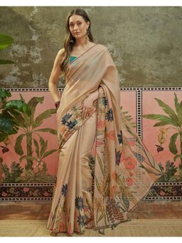 SATRANI - Beige Printed, Tassels Silk Saree with Unstitched Blouse