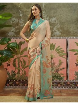 SATRANI - Beige Printed Tassels Silk Saree with Unstitched Blouse
