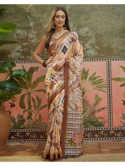 SATRANI - Beige Printed,Tassels Silk Saree with Unstitched Blouse