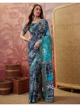 SATRANI - Blue Printed,Tassels Silk Saree with Unstitched Blouse