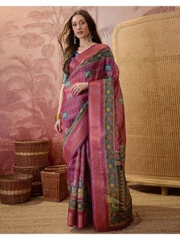 SATRANI - Magenta Printed,Tassels Silk Saree with Unstitched Blouse
