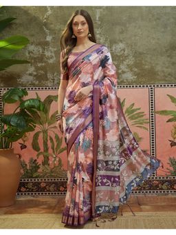SATRANI - Mauve Printed, Tassels Silk Saree with Unstitched Blouse