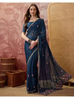 SATRANI - Teal Embroidery Georgette Saree with Unstitched Blouse