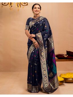 SATRANI - Navy Blue Weaving Silk Saree with Unstitched Blouse