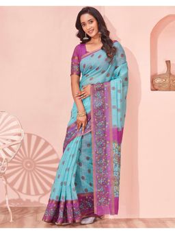 SATRANI - Blue Printed Saree with Unstitched Blouse